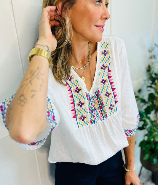Ivory Embroidered V Neck Top