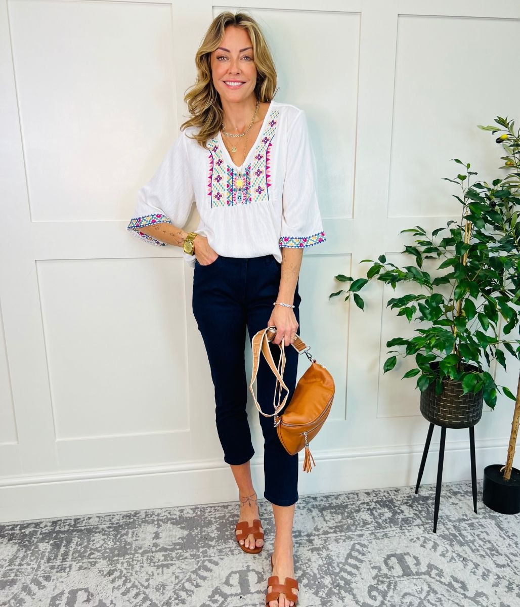 Ivory Embroidered V Neck Top