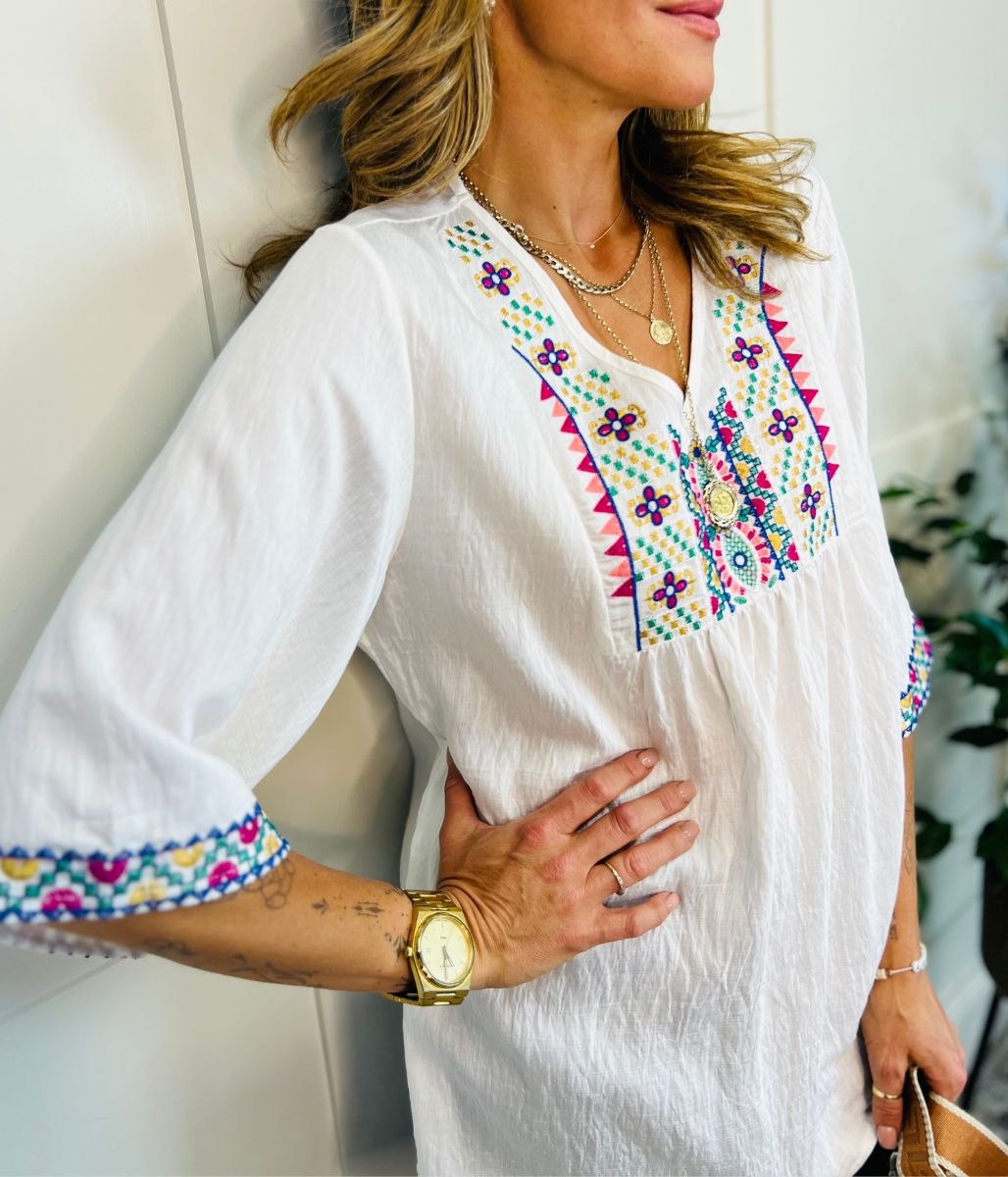 Ivory Embroidered V Neck Top