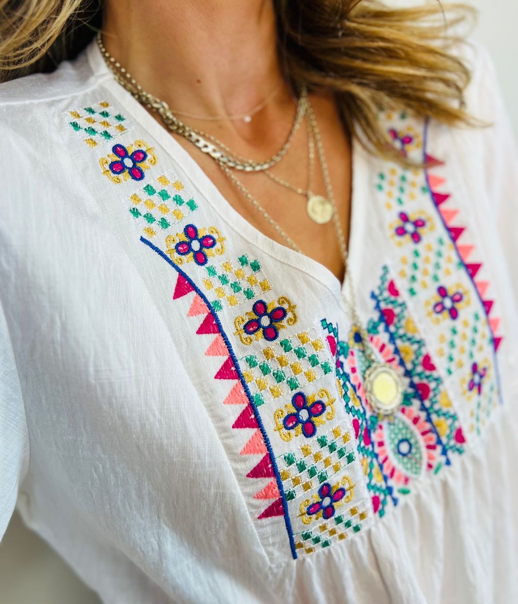 Ivory Embroidered V Neck Top
