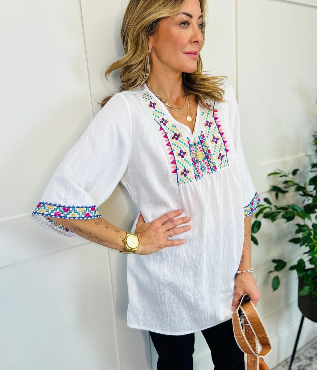 Ivory Embroidered V Neck Top