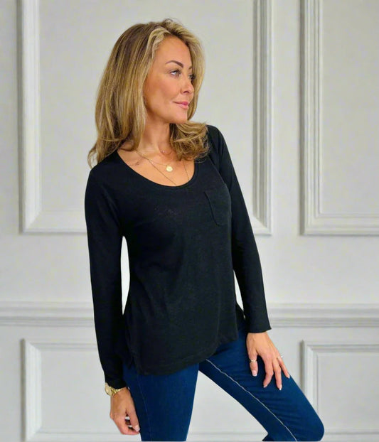 Black Linen Blend Scoop Neck Top