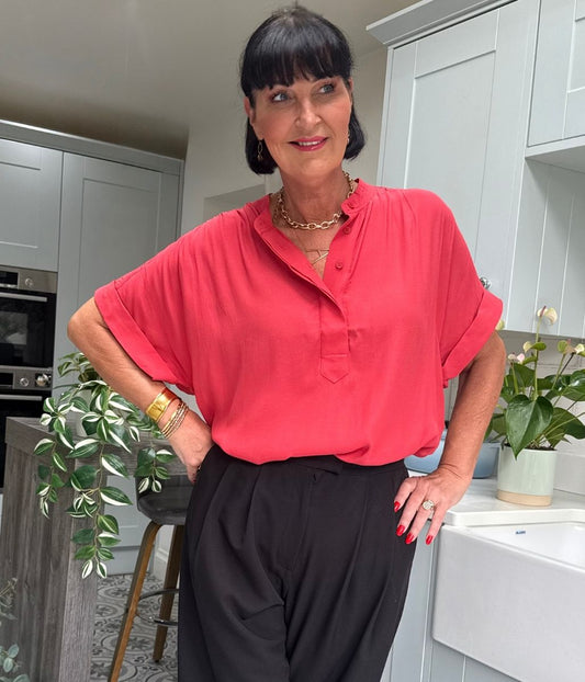 Red Anika Oversized Short Sleeve Blouse
