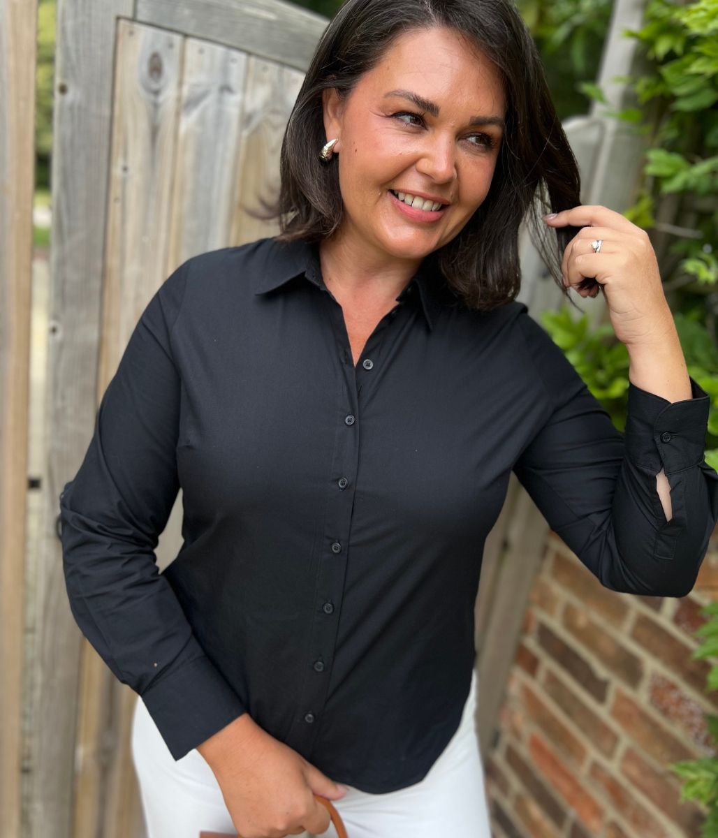 Black Cotton Rich Stretchy Fitted Shirt