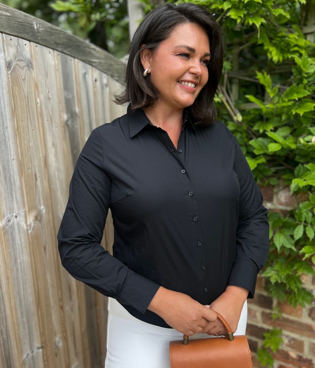 Black Cotton Rich Stretchy Fitted Shirt