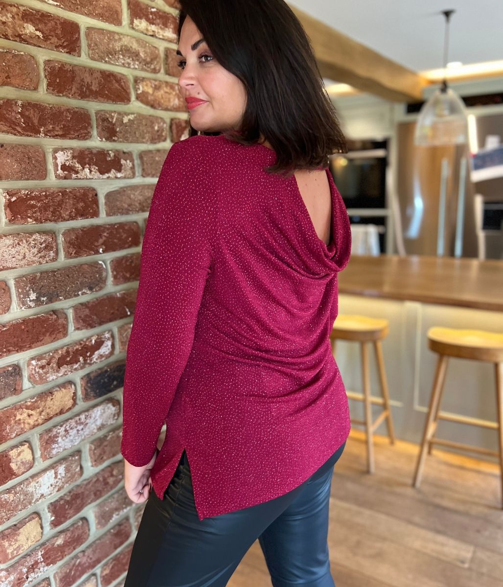 Red Sparkle Cowl Back Tunic Top