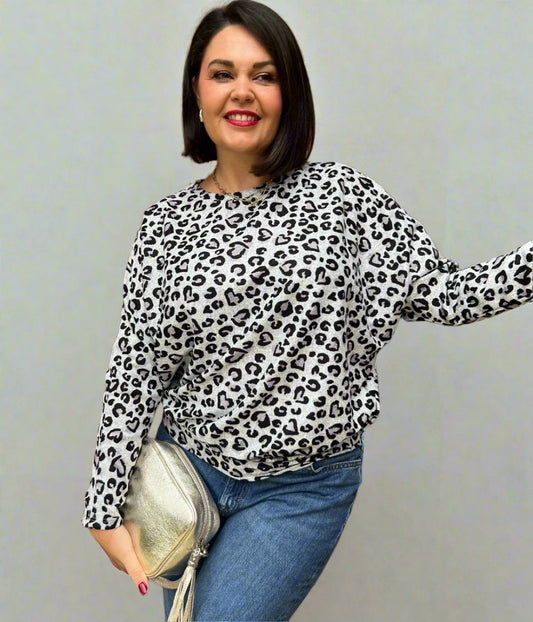 Grey Leopard Print Batwing Top