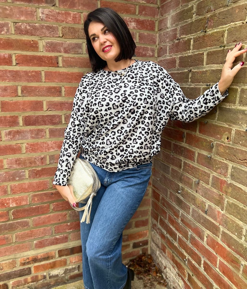 Grey Leopard Print Batwing Top