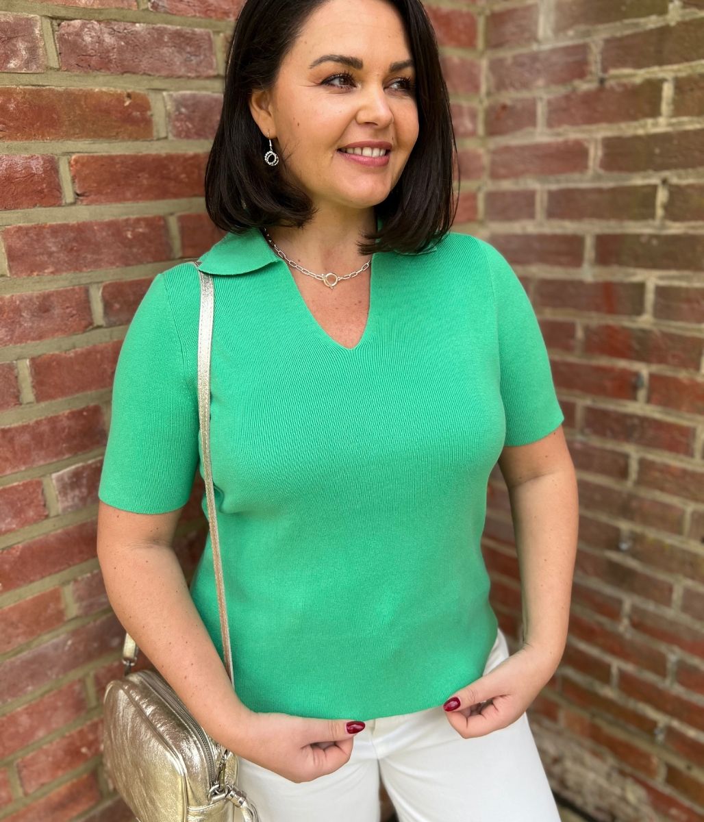 Green Cotton Rich Ribbed Collared Top