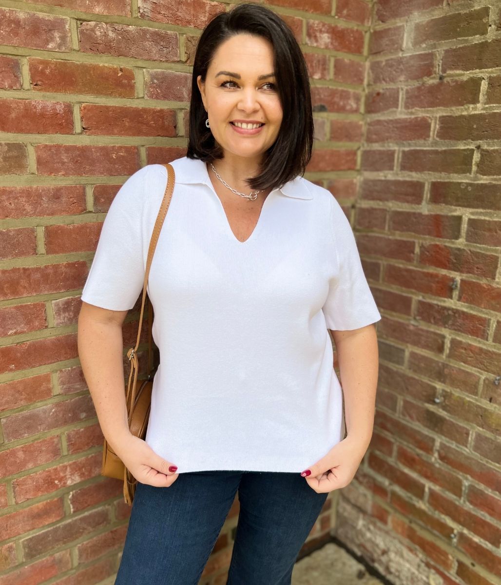 White Cotton Rich Ribbed Collared Top