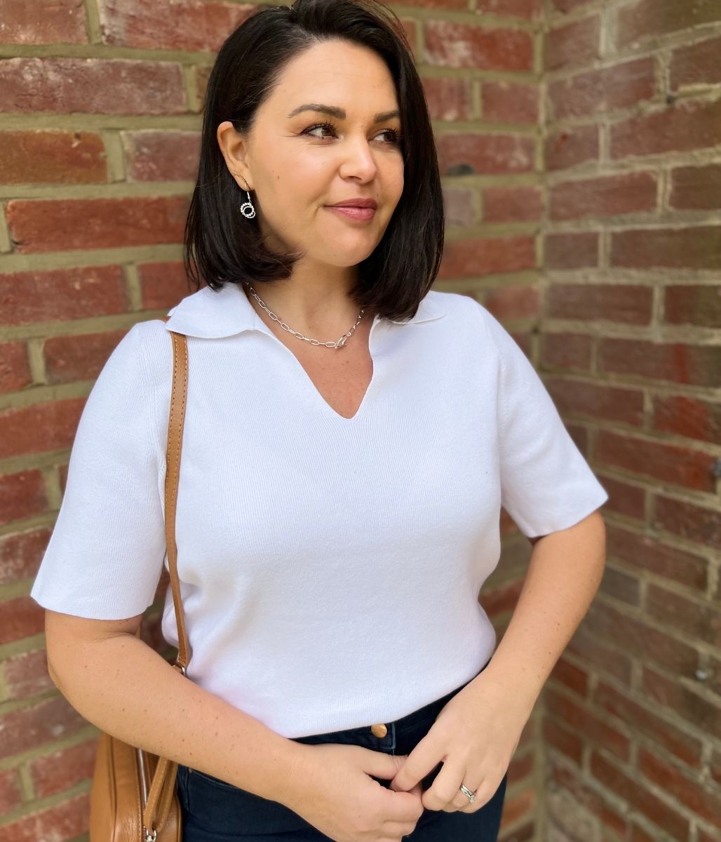 White Cotton Rich Ribbed Collared Top