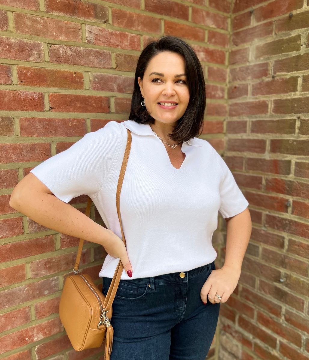 White Cotton Rich Ribbed Collared Top