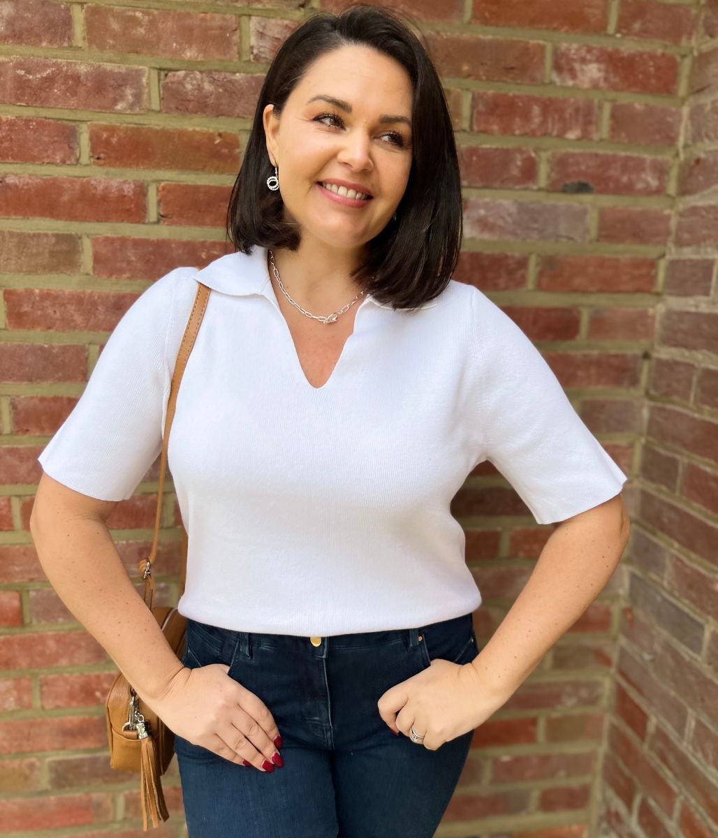 White Cotton Rich Ribbed Collared Top