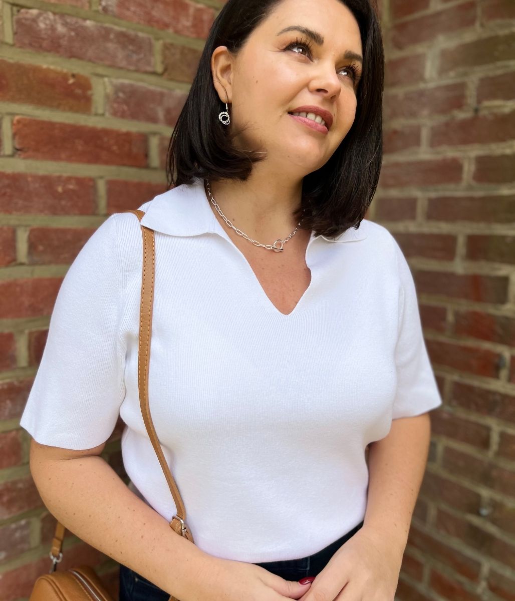 White Cotton Rich Ribbed Collared Top