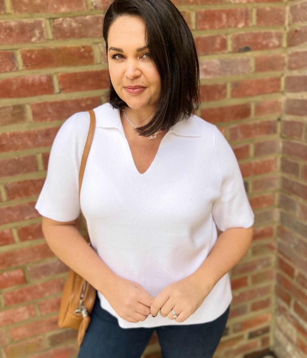 White Cotton Rich Ribbed Collared Top