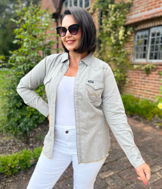 Grey Wrangler Double Stitch Denim Shirt