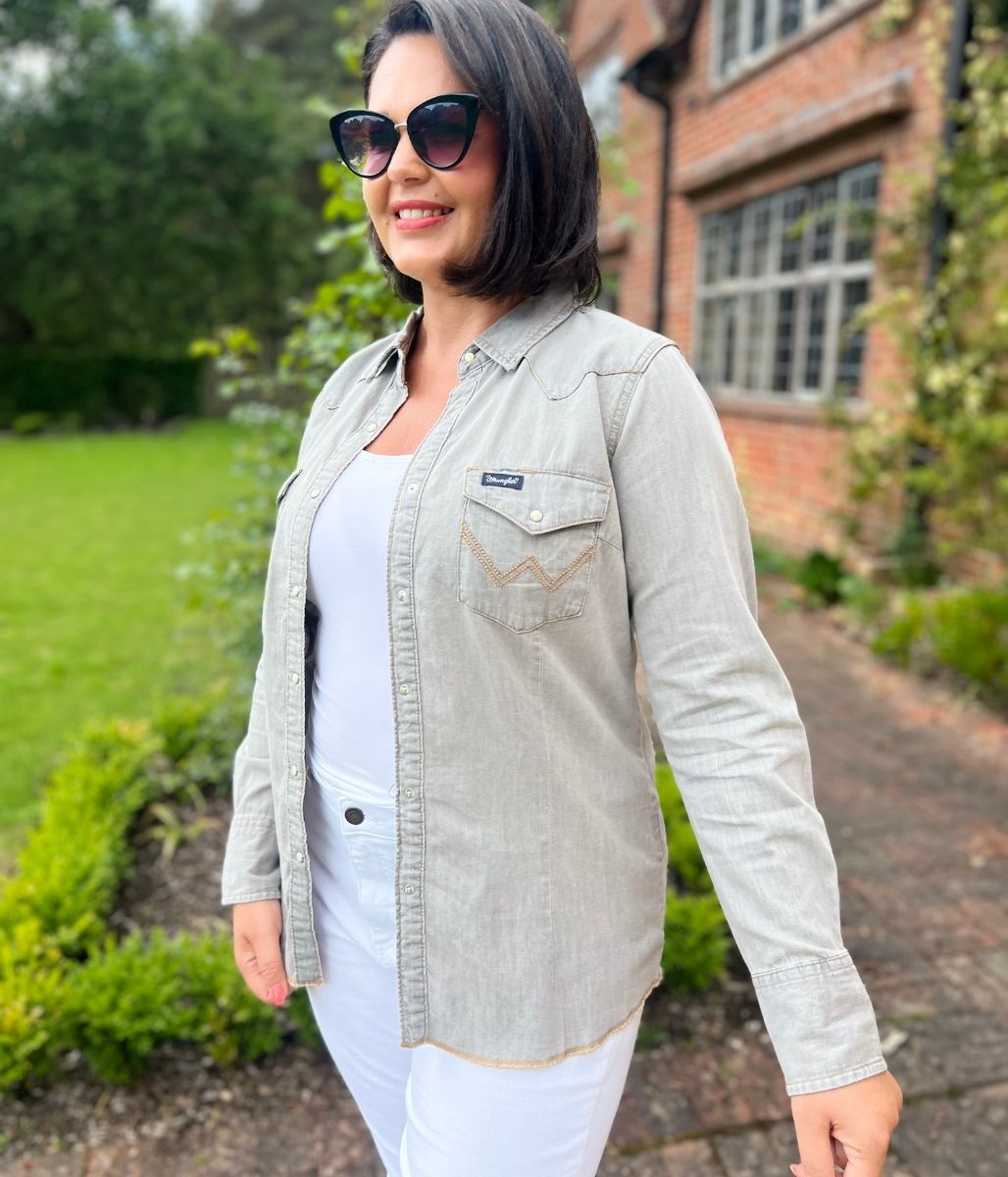 Grey Wrangler Double Stitch Denim Shirt