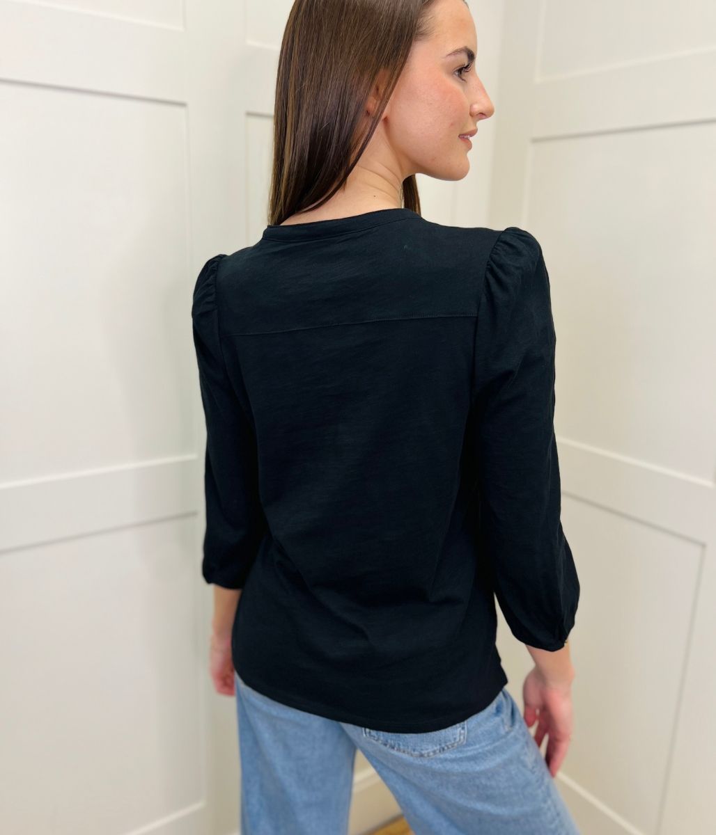 Black Long Sleeve Buttoned detail Henley Top