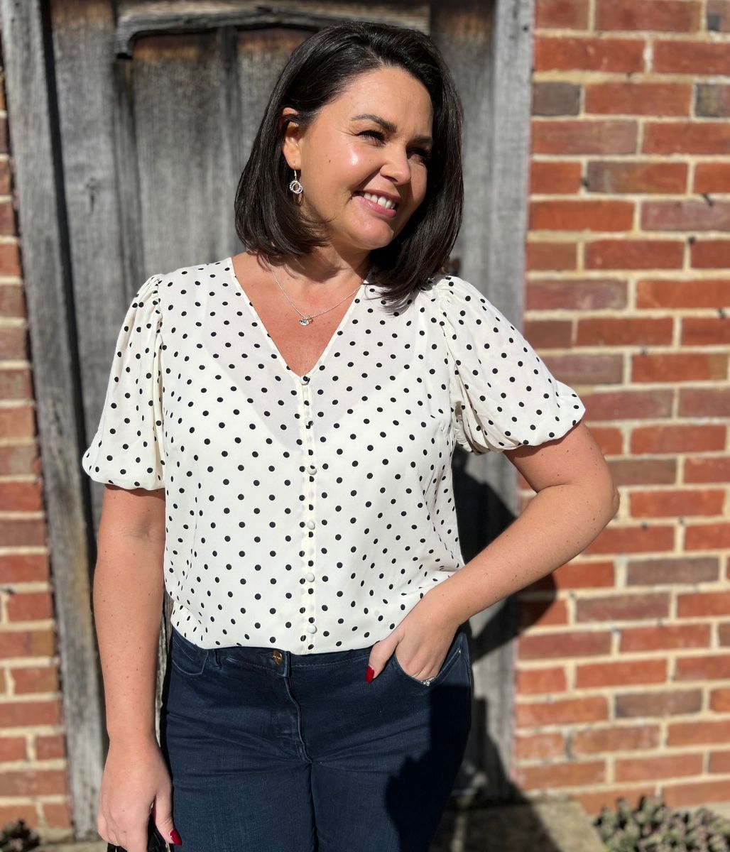 Ivory Polka Dot Print Puff Sleeve Blouse