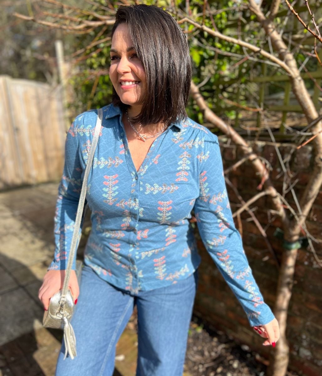 Teal Flower Print Annie Jersey Shirt