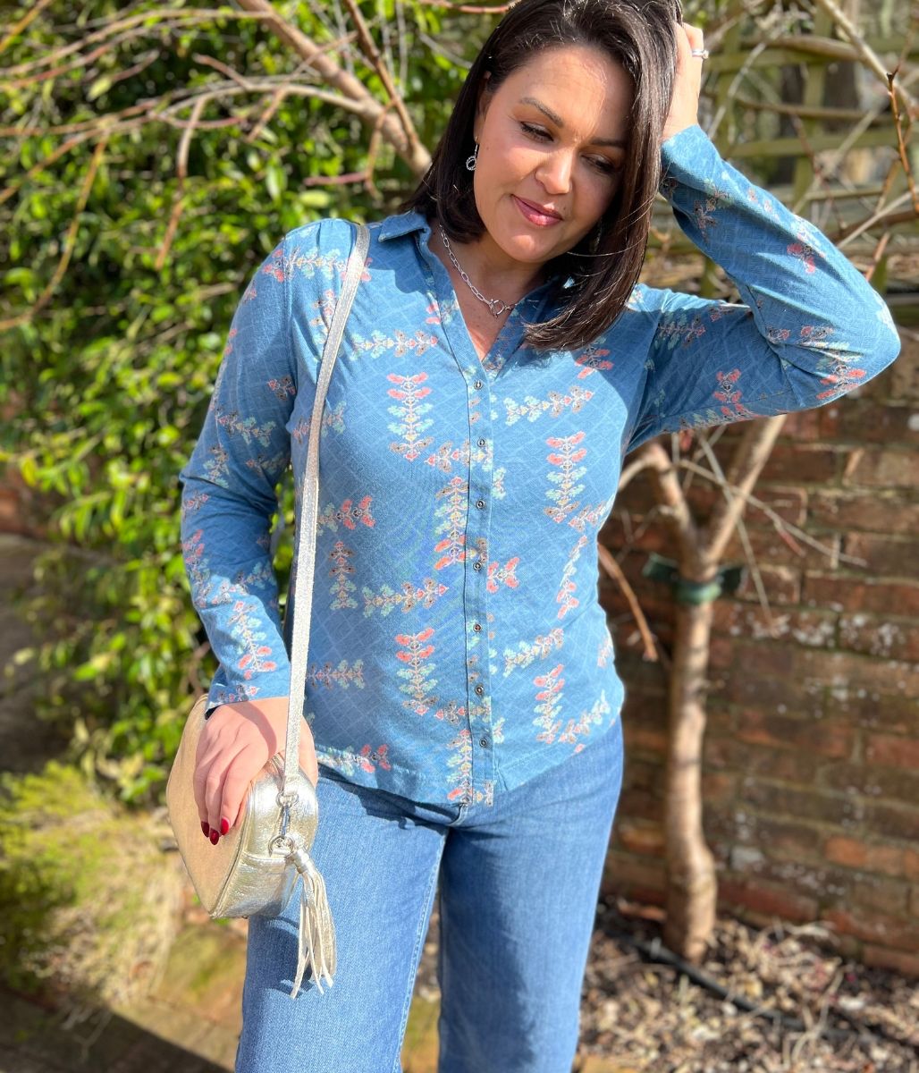 Teal Flower Print Annie Jersey Shirt
