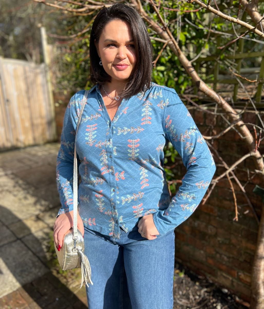 Teal Flower Print Annie Jersey Shirt