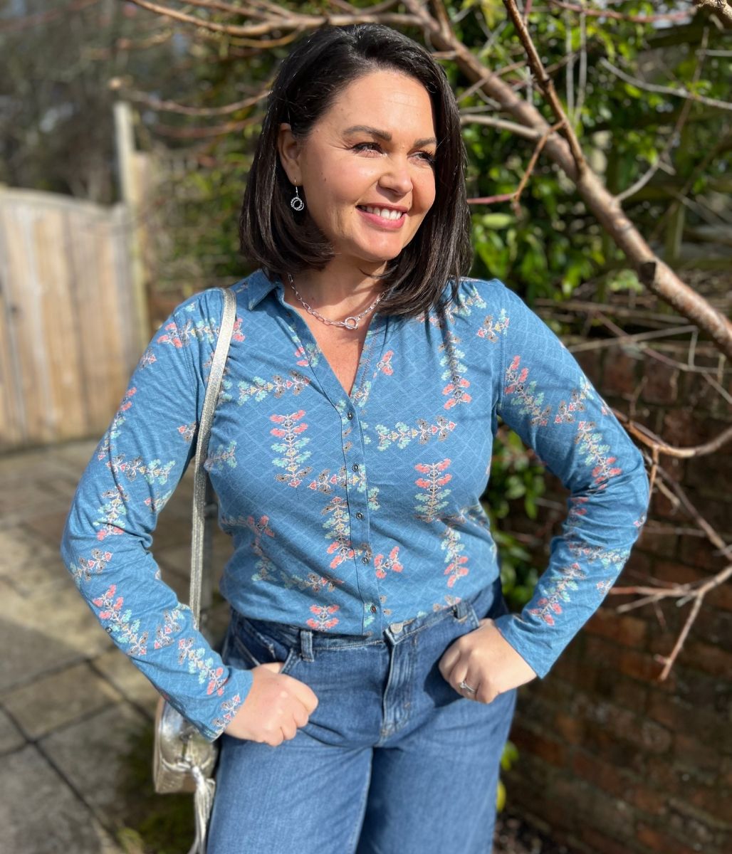 Teal Flower Print Annie Jersey Shirt