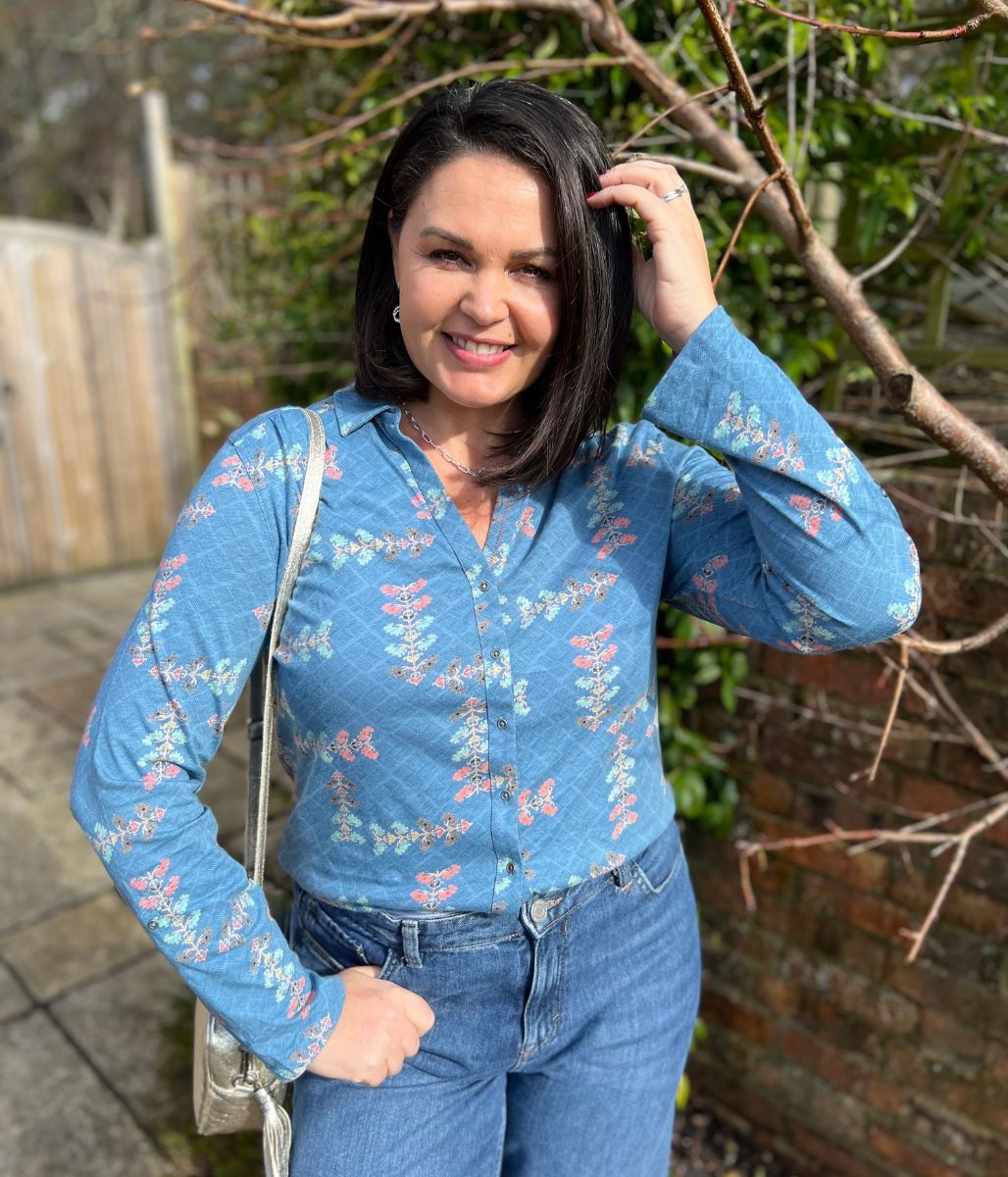 Teal Flower Print Annie Jersey Shirt