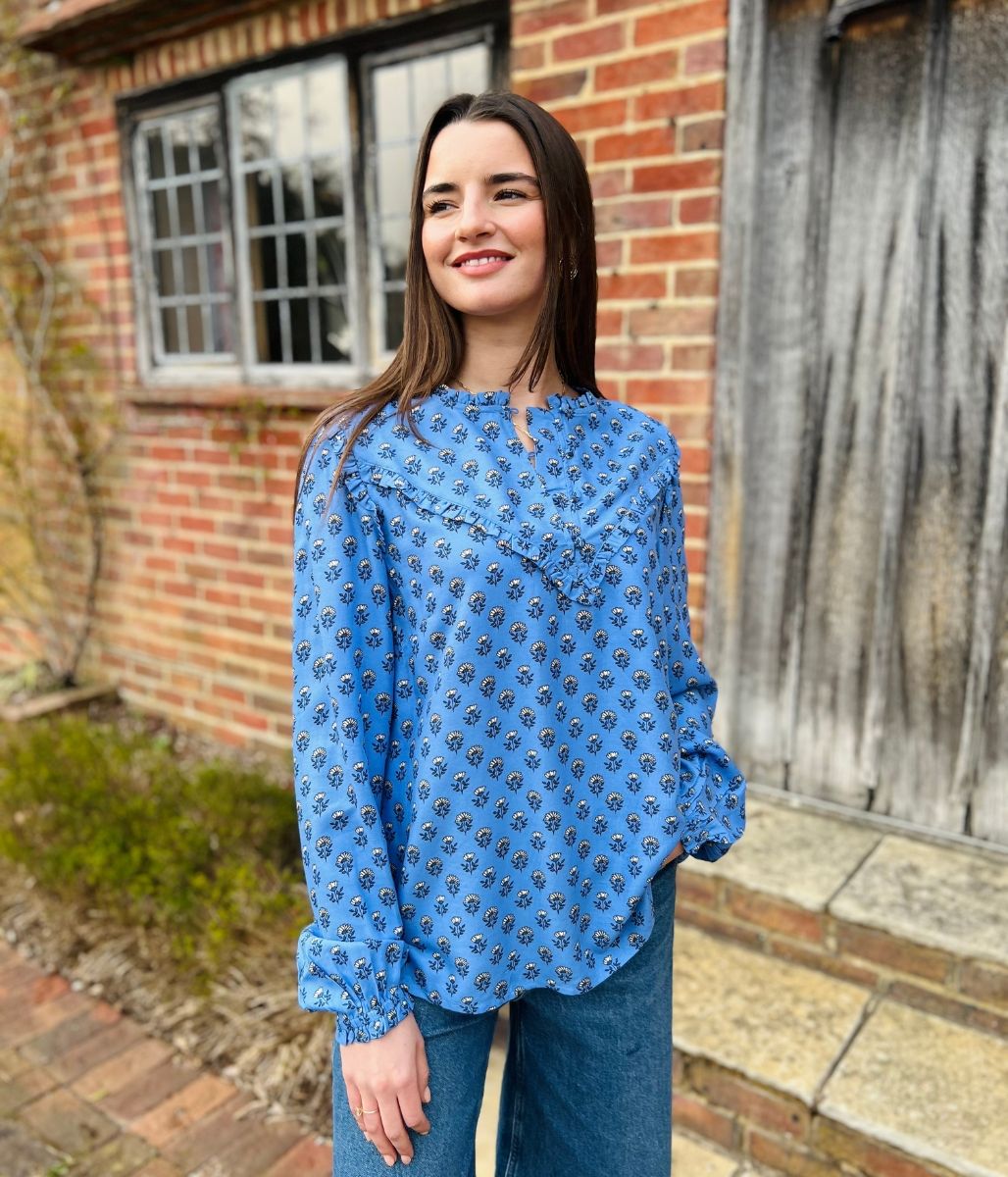 Blue Flower Frill Blouse