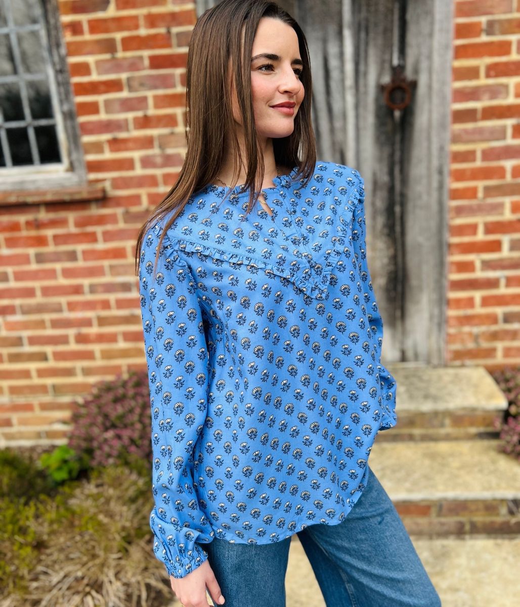Blue Flower Frill Blouse