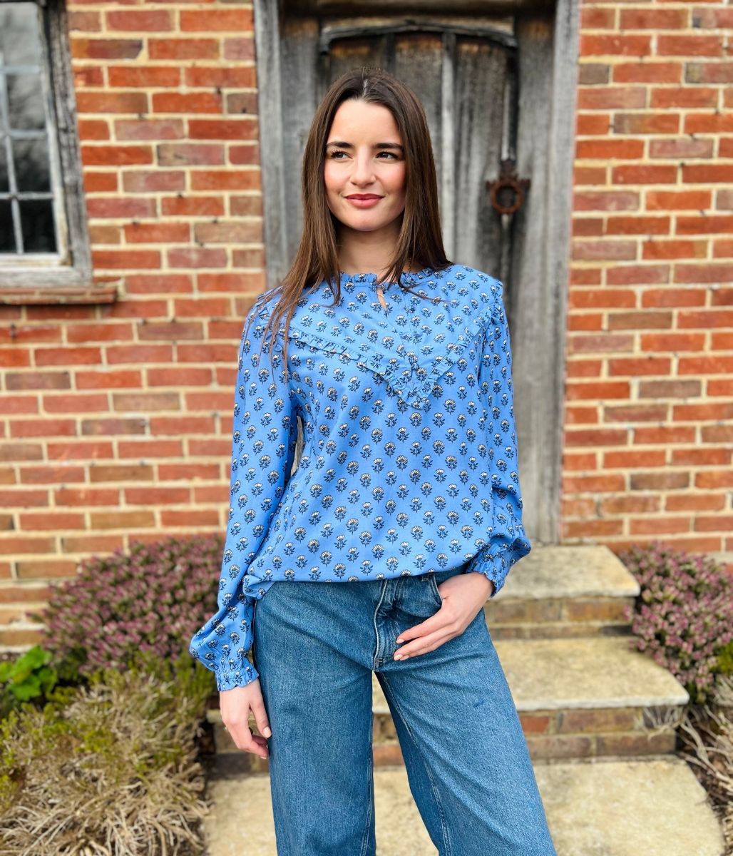 Blue Flower Frill Blouse
