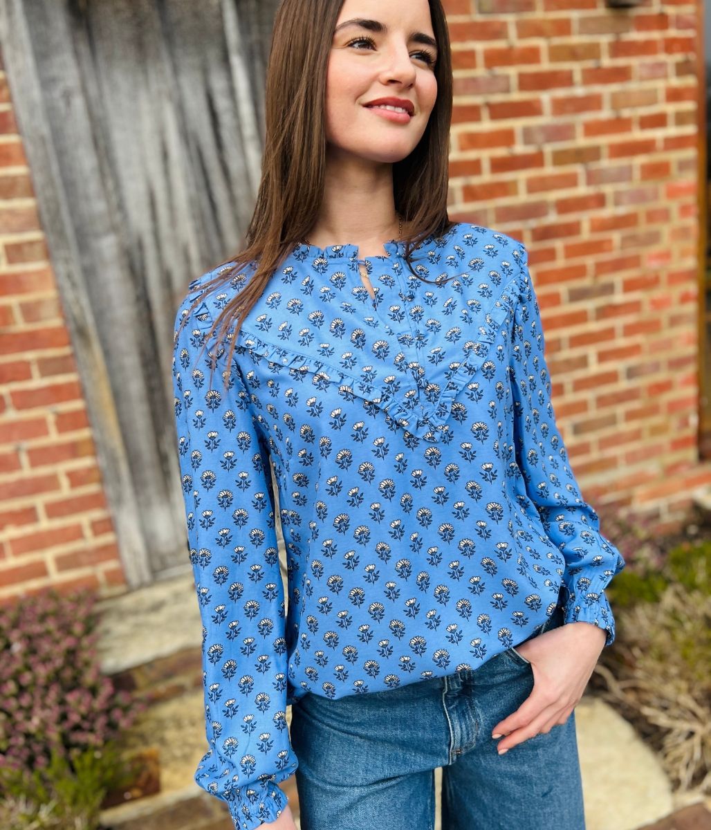 Blue Flower Frill Blouse
