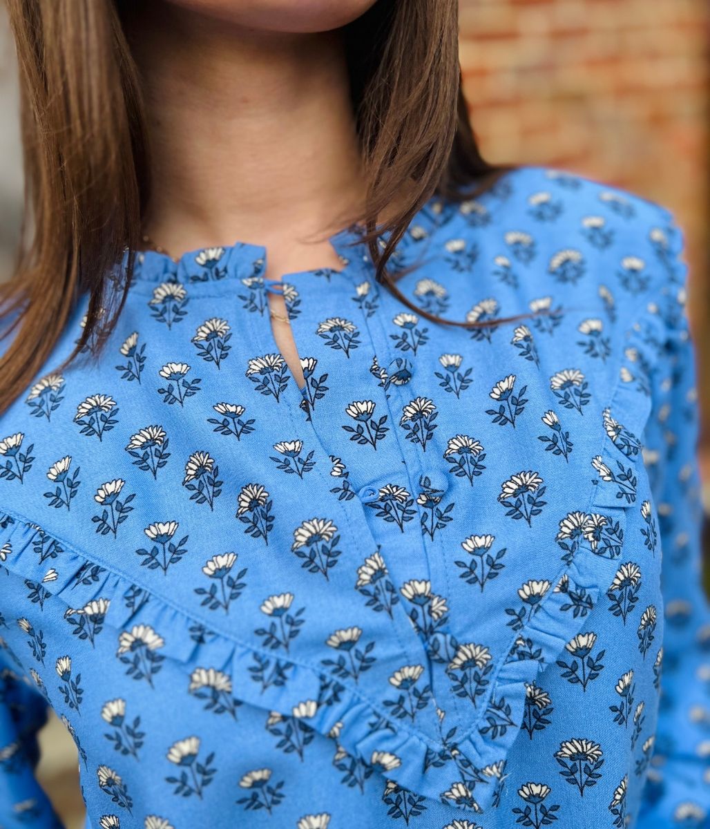 Blue Flower Frill Blouse