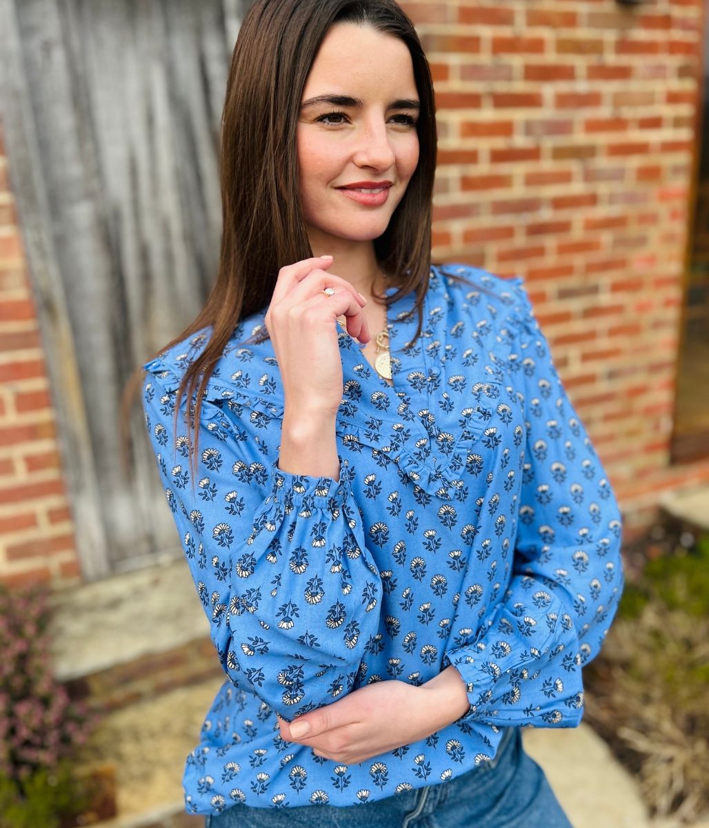 Blue Flower Frill Blouse