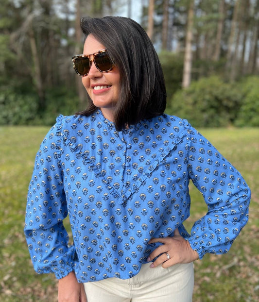 Blue Flower Frill Blouse