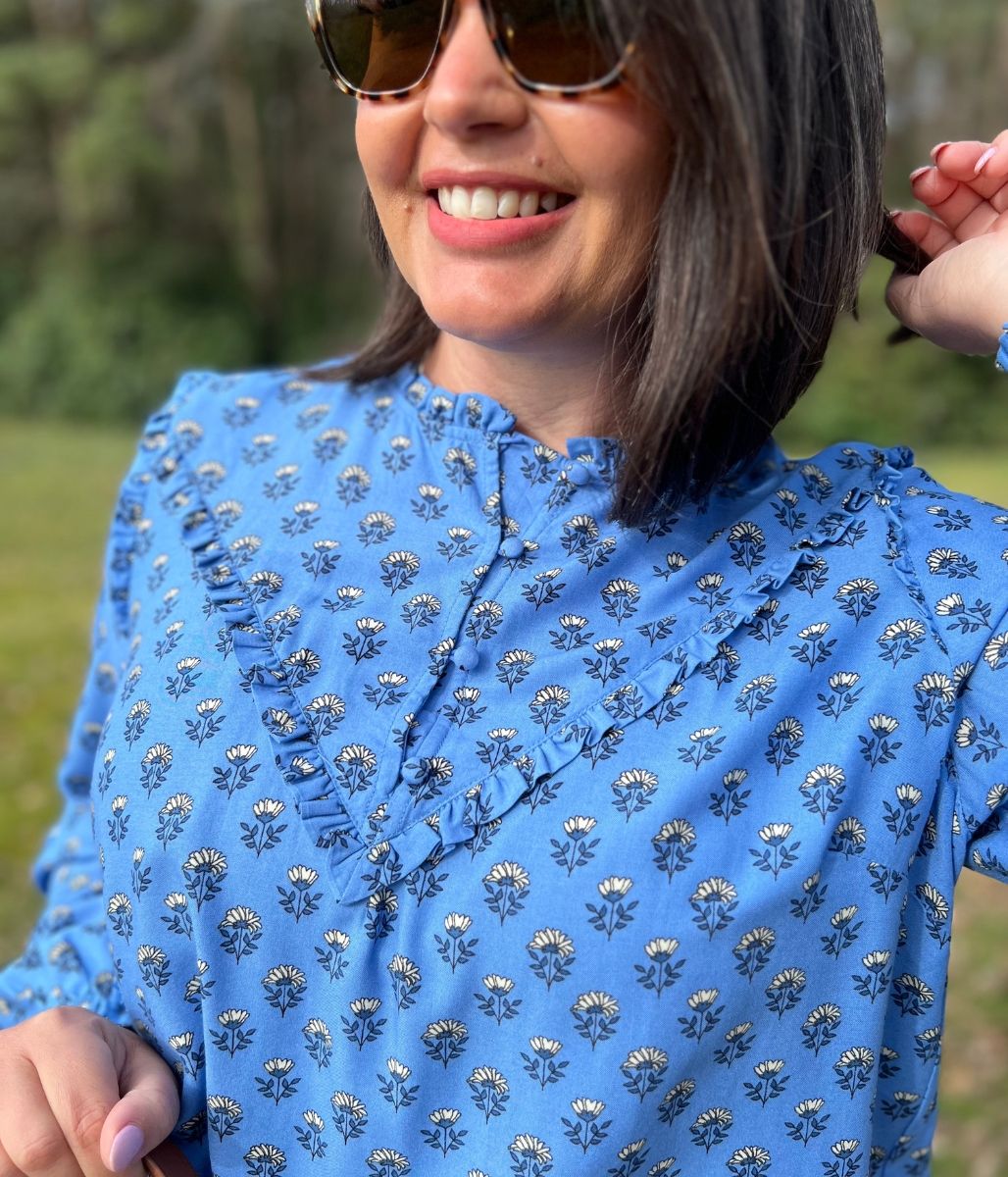 Blue Flower Frill Blouse