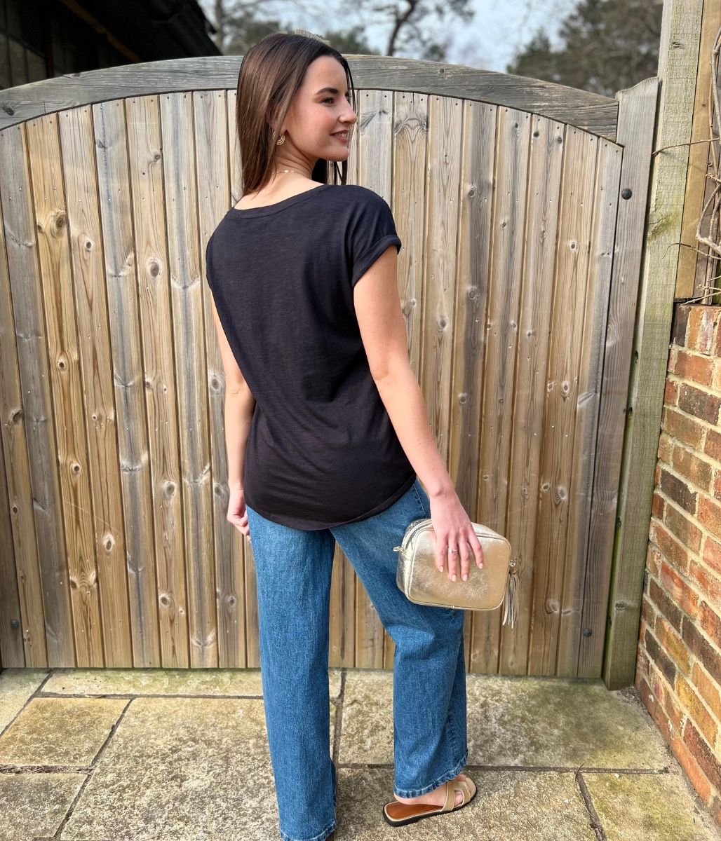Black Cap Sleeve Cotton T Shirt