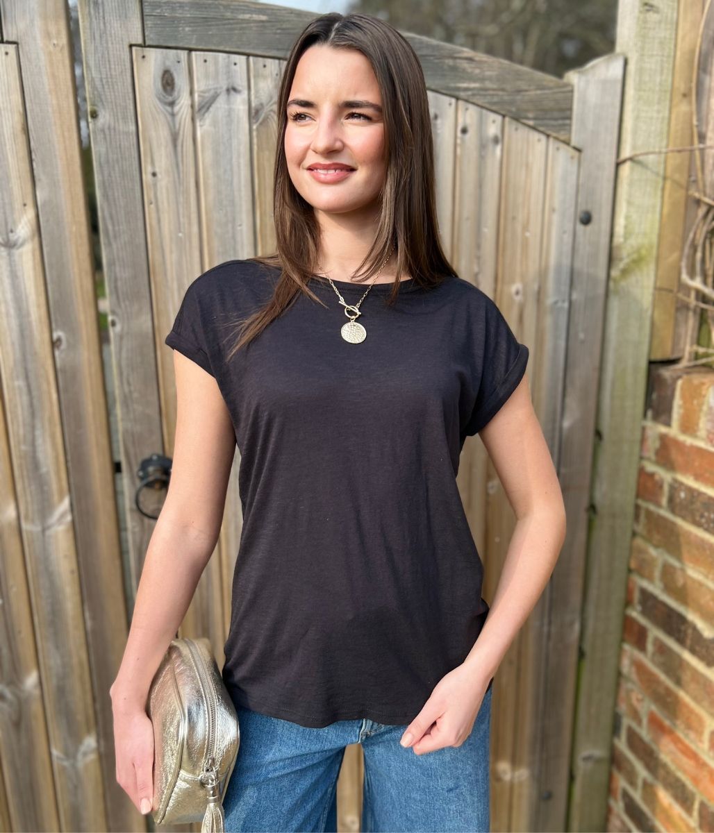 Black Cap Sleeve Cotton T Shirt