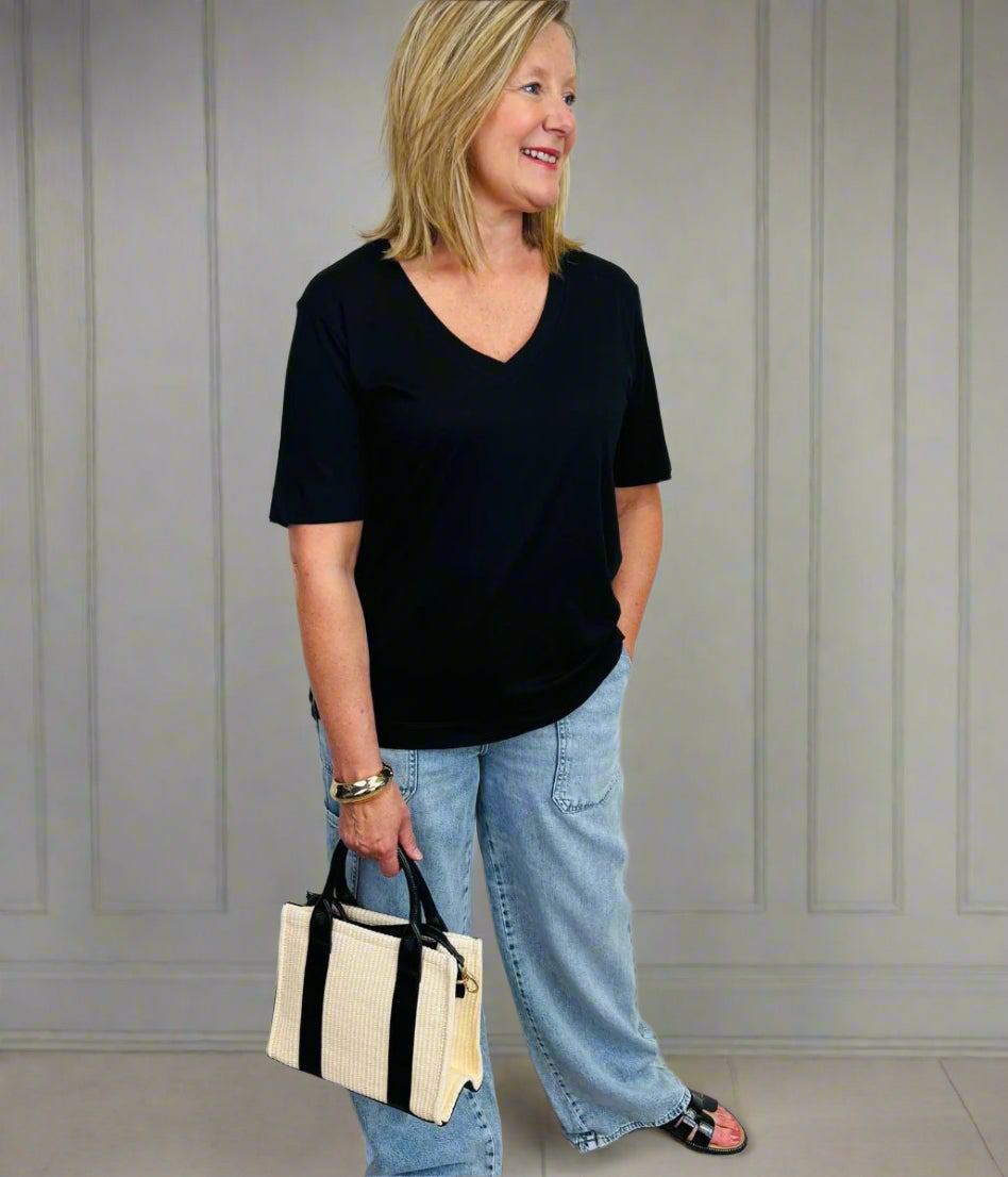 Black Cotton Modal Slouch V-Neck T-Shirt