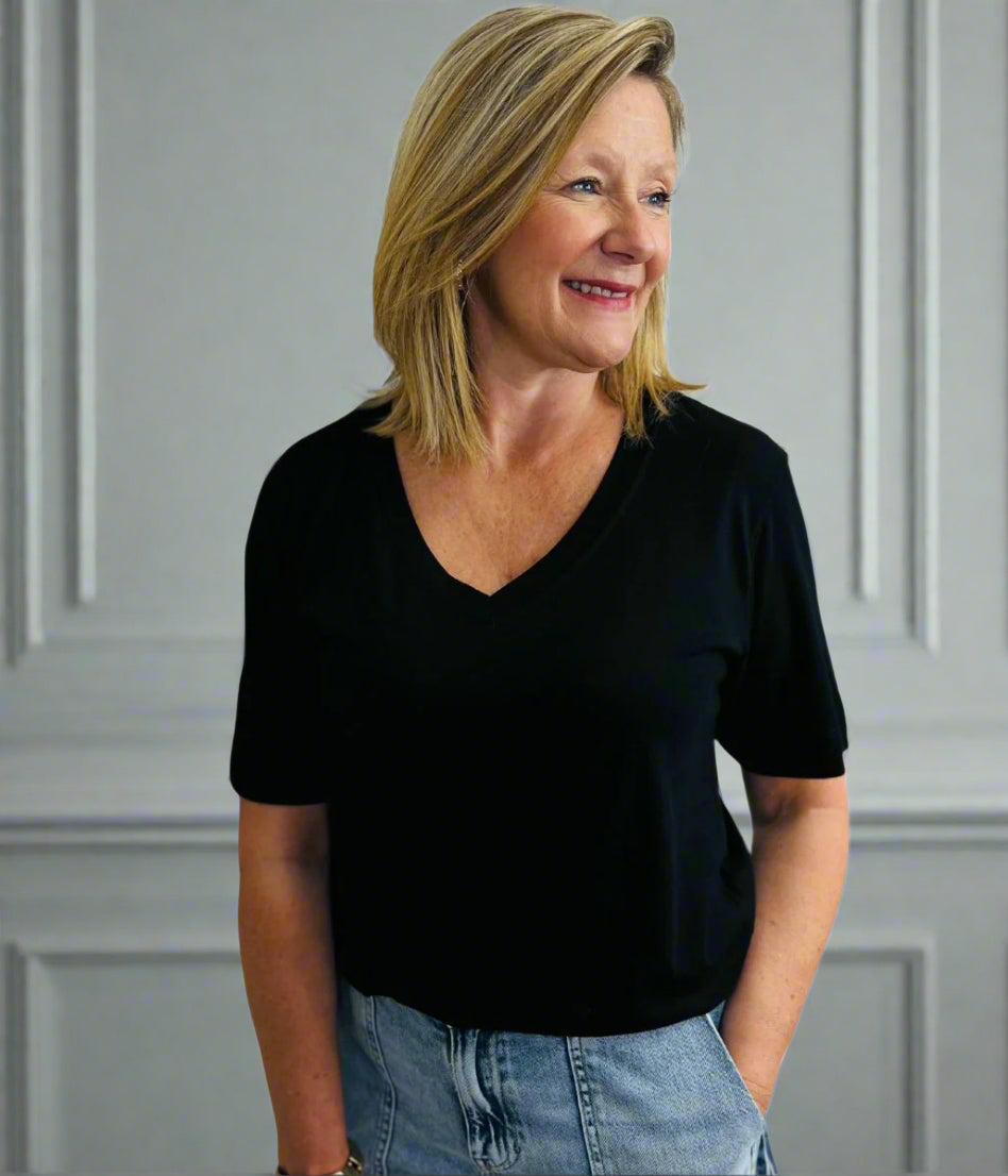 Black Cotton Modal Slouch V-Neck T-Shirt