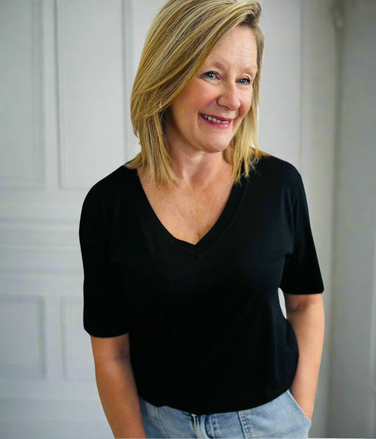 Black Cotton Modal Slouch V-Neck T-Shirt