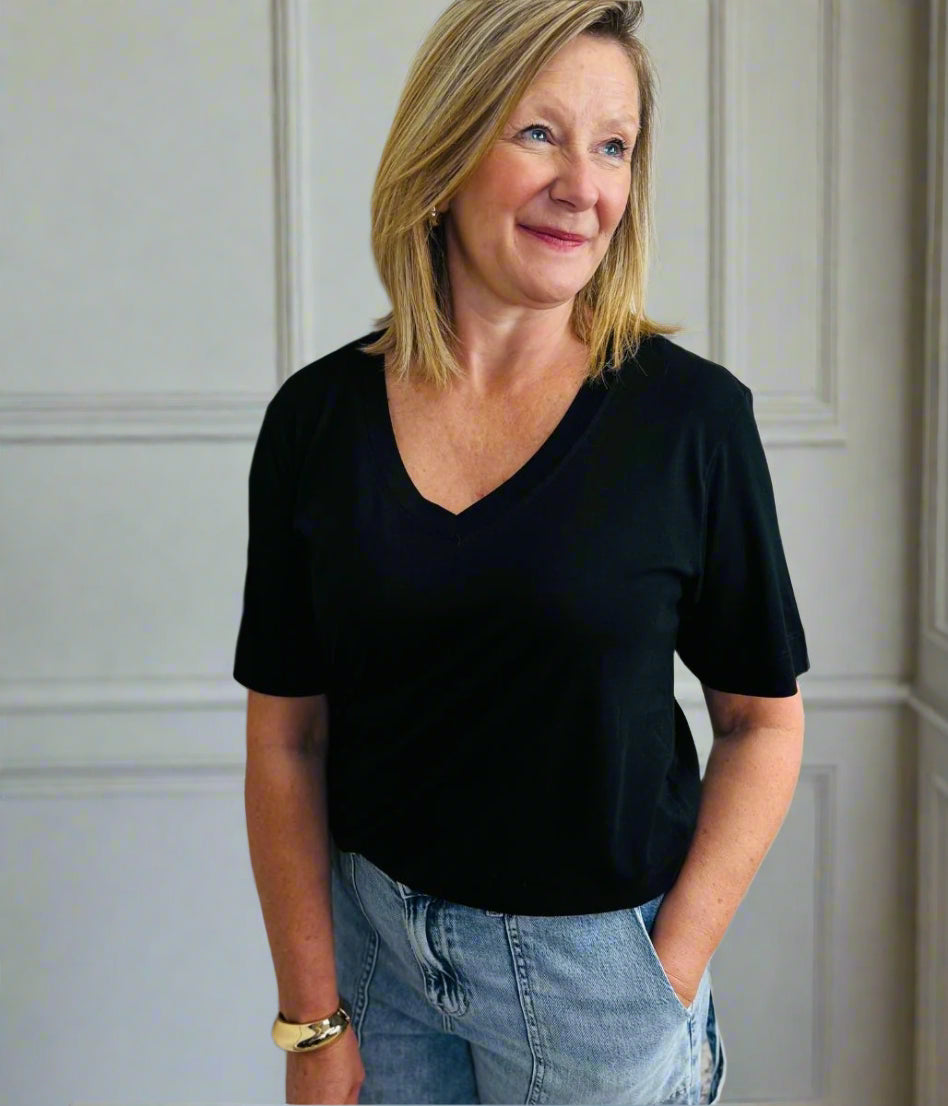 Black Cotton Modal Slouch V-Neck T-Shirt