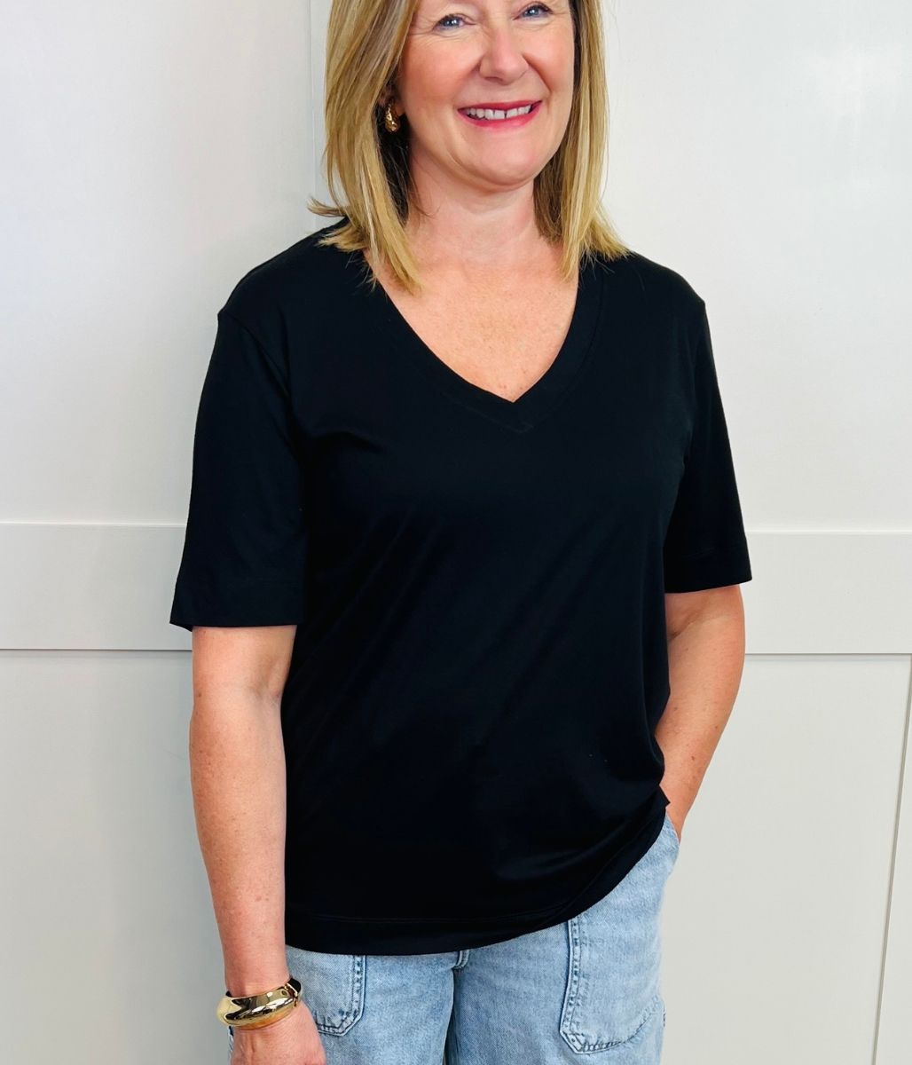 Black Cotton Modal Slouch V-Neck T-Shirt