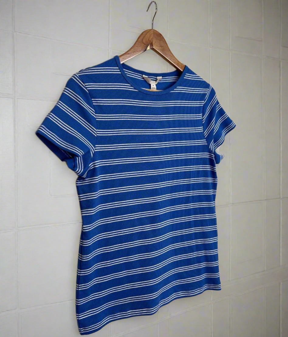 Blue Striped Cotton Rich Ribbed Tee
