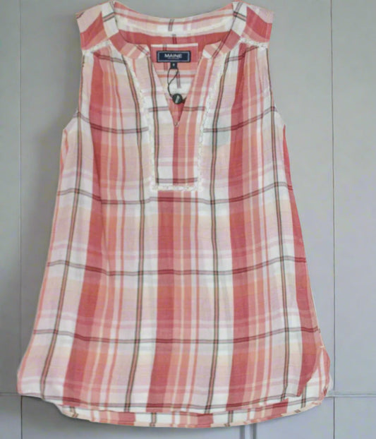 Maine Pink Checked Sleeveless Top