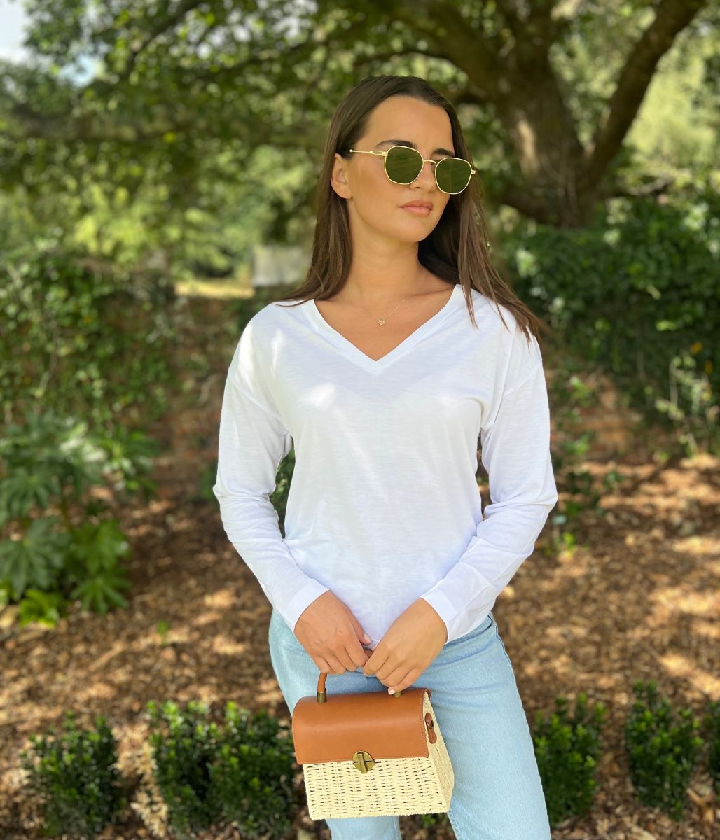 White V Neck Long Sleeve T Shirt