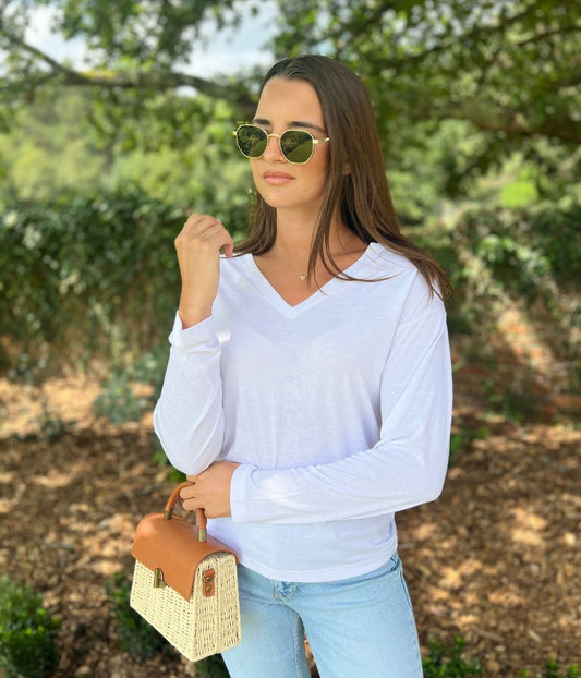 White V Neck Long Sleeve T Shirt