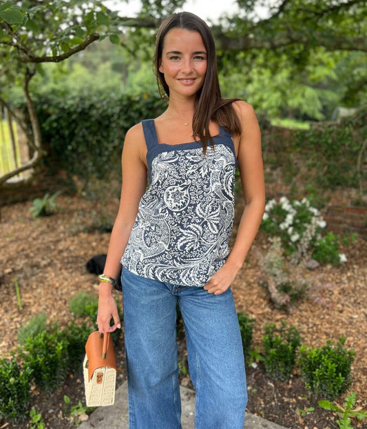 Navy Printed Linen Blend Button Back Top