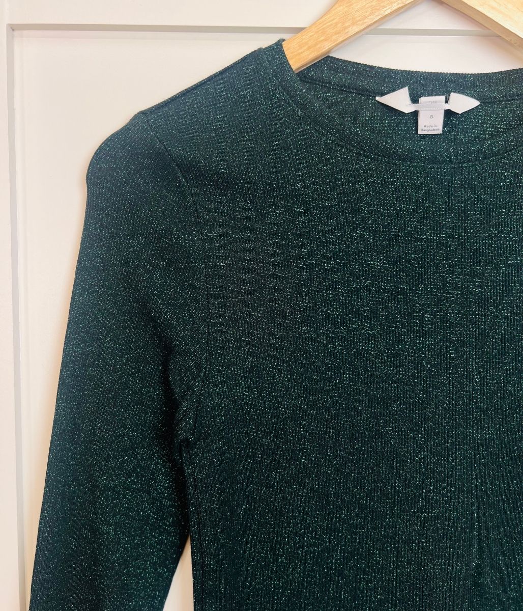 Green Ribbed Sparkly Long Sleeve Top