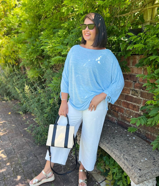 Blue Ruched Sleeve Top